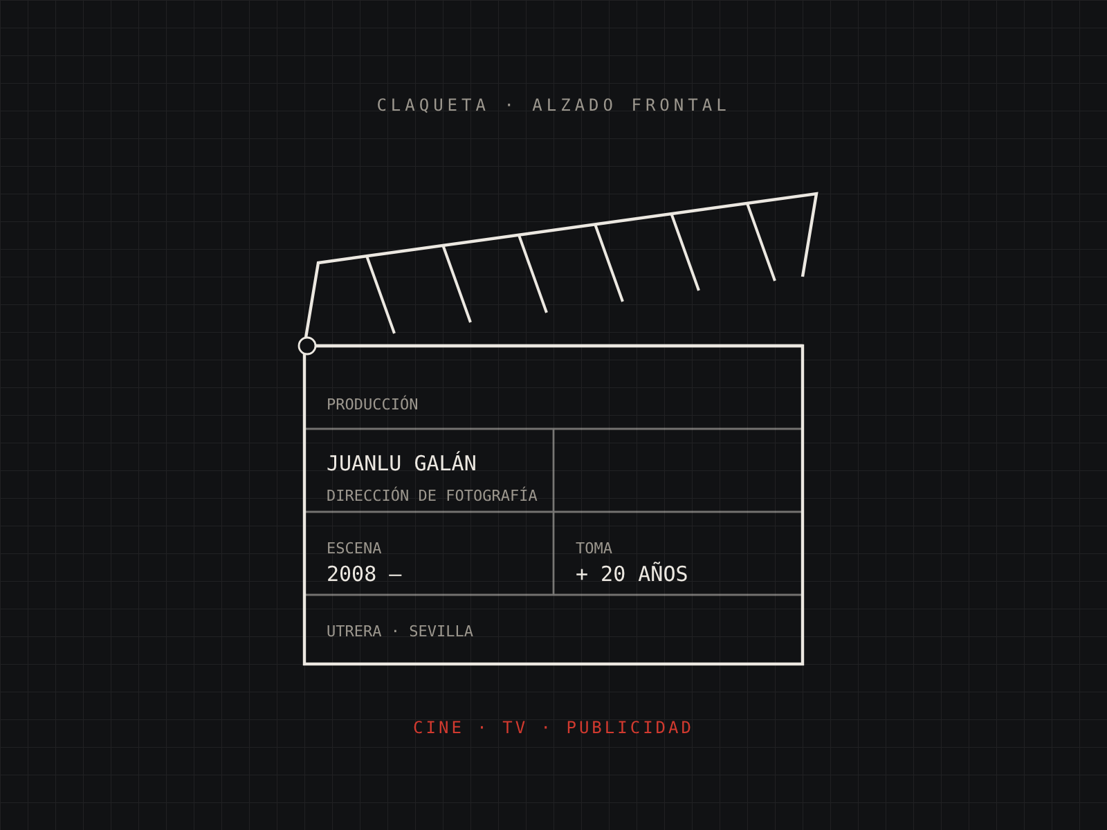 Dibujo de una claqueta de cine con el nombre de Juanlu Galán, director de fotografía